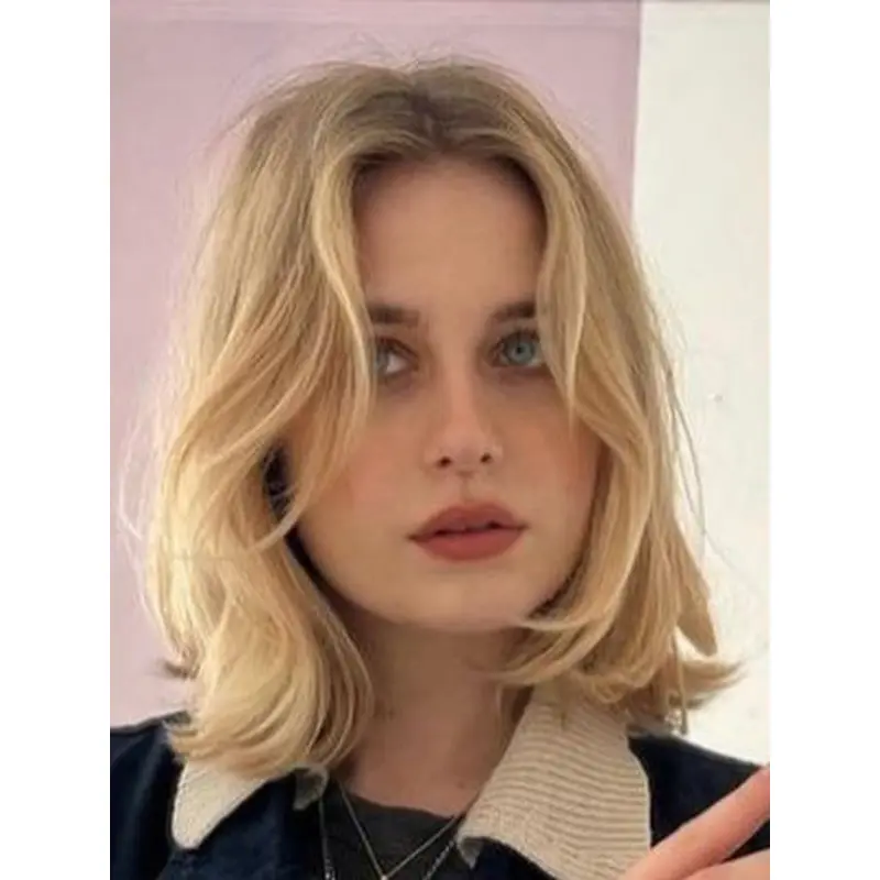 Blonde Lace Wig Shoulder Length Synthetic Layered 12" Wavy Wigs