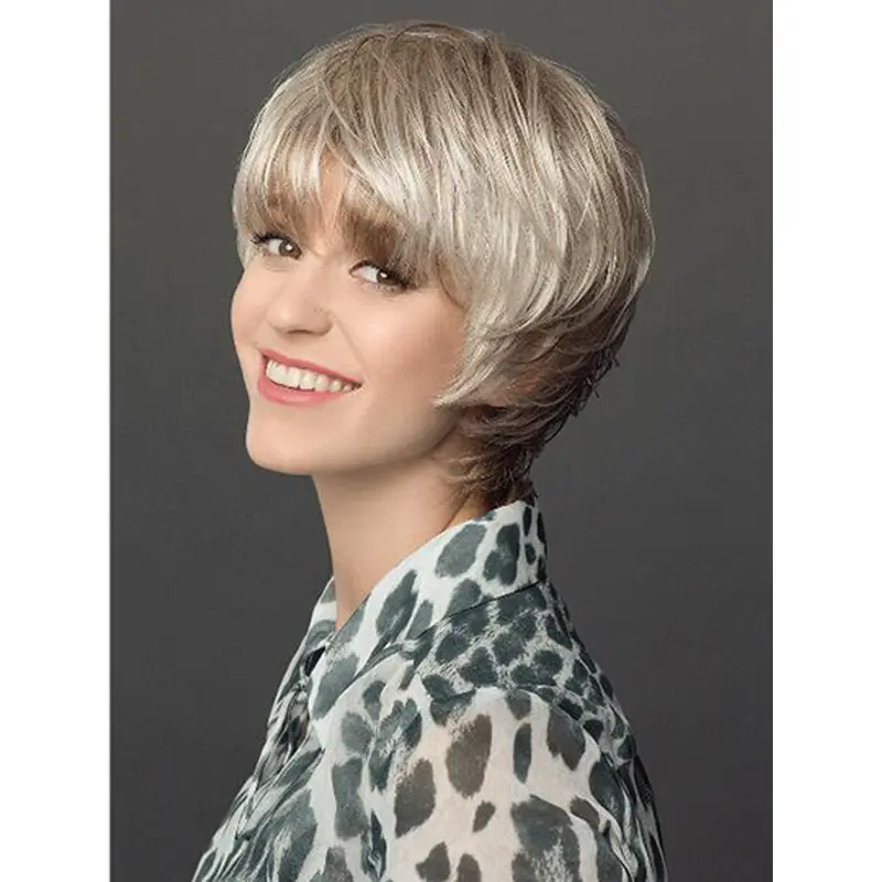 8" Platinum Blonde Short Layered Straight Synthetic Wigs Women