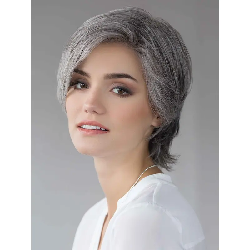 Short Straight Grey Layered 100% Hand Tied Synthetic Wigs
