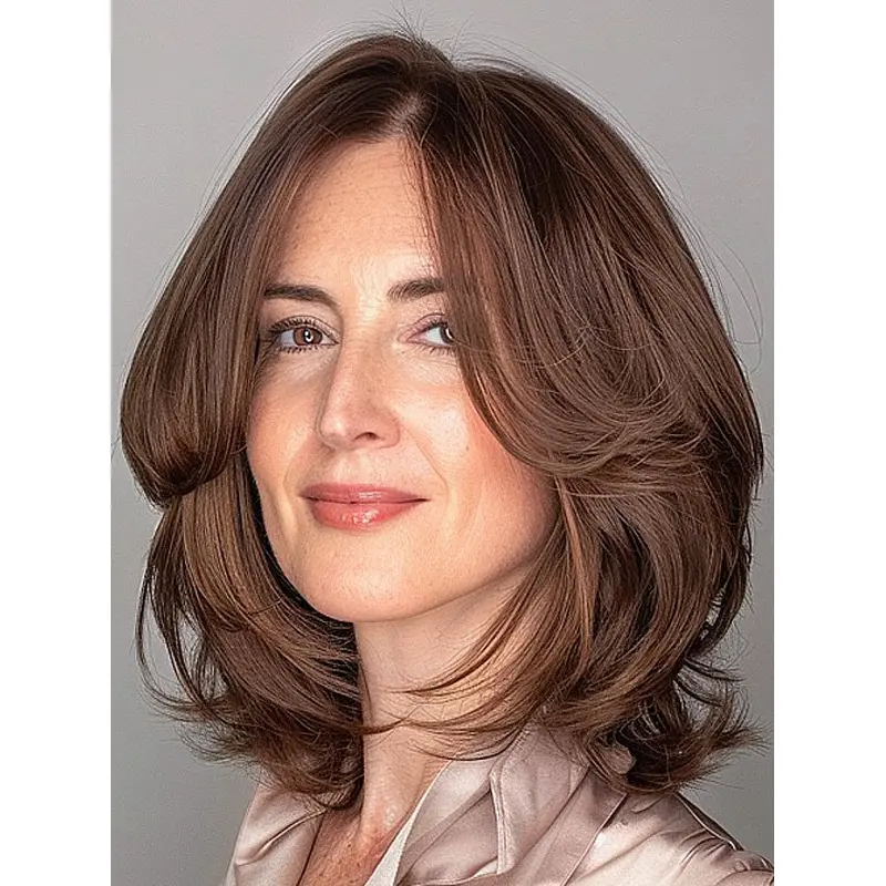 Wig Lace Layered 12" Shoulder Length Brown Wavy Synthetic Wigs