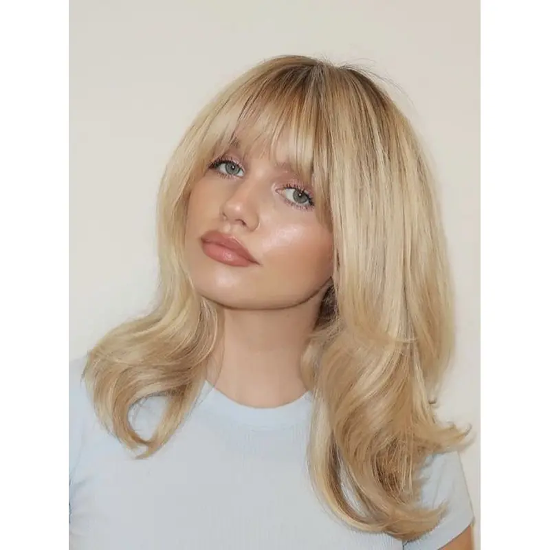 Medium Blonde Wig 14" Shoulder Length Remy Human Hair With Bangs Straight Wigs