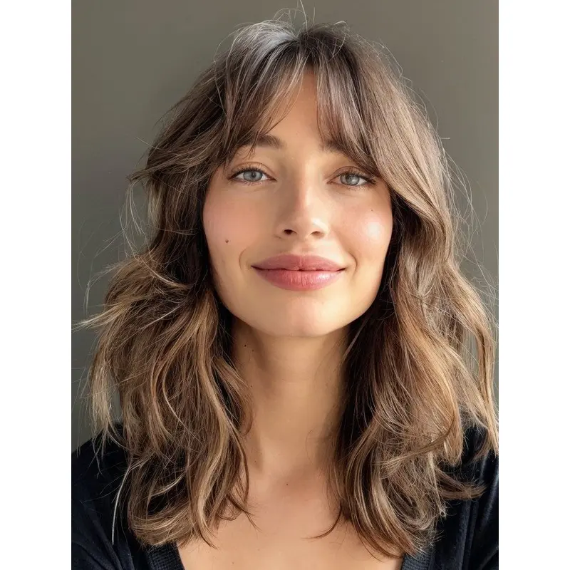 Ladies Wig Monofiliment Wavy Brown With Bangs Shoulder Length Synthetic Wigs