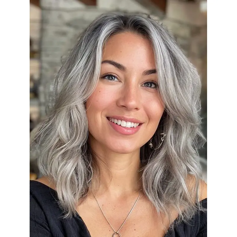 Grey Wig Without Bangs Monofilament Synthetic 14" Shoulder Length Wigs