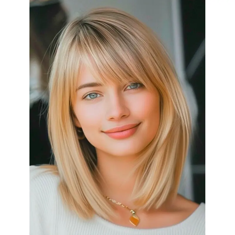 Blonde Real Hair Wigs With Bangs Shoulder Length 12" Lace Front Straight Wigs