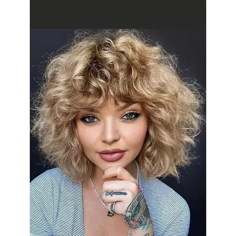 Blonde Real Hair Wigs With Bangs Chin Length 10" Monofilament Curly Wigs