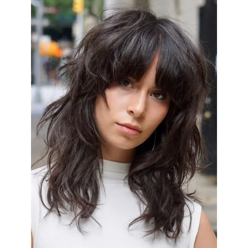 Lace Front Wig True 14" Wavy With Bangs Shoulder Length Black Wigs
