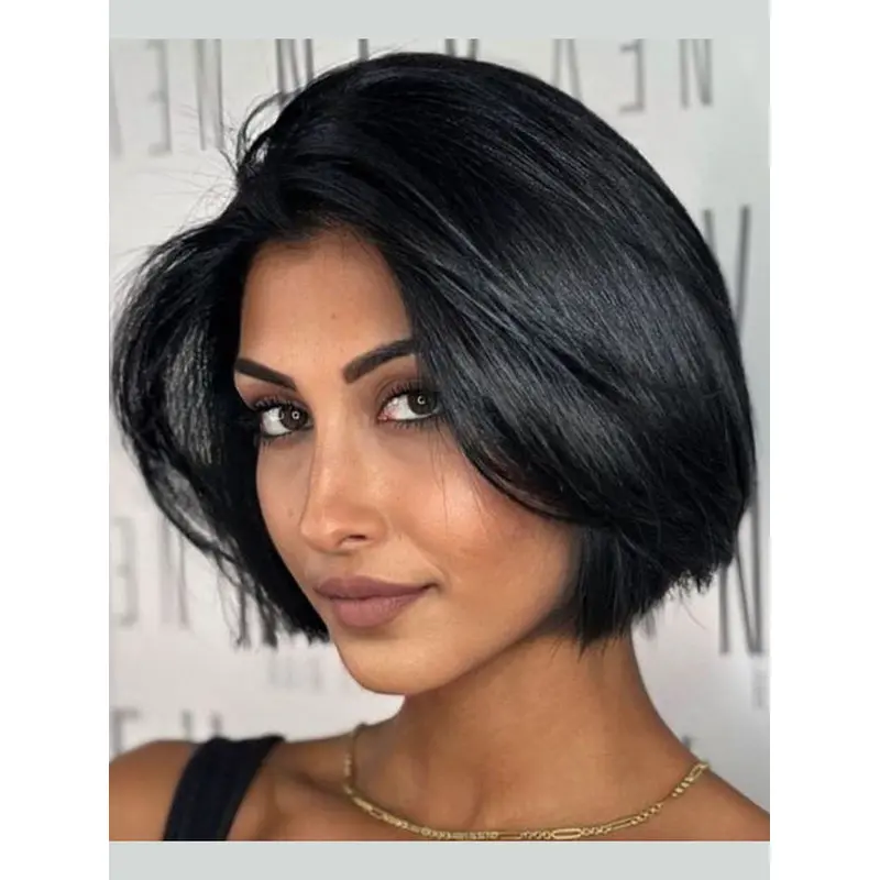 Black Bob Wig Chin Length 10" Straight Lace Front Remy Human Hair Wigs