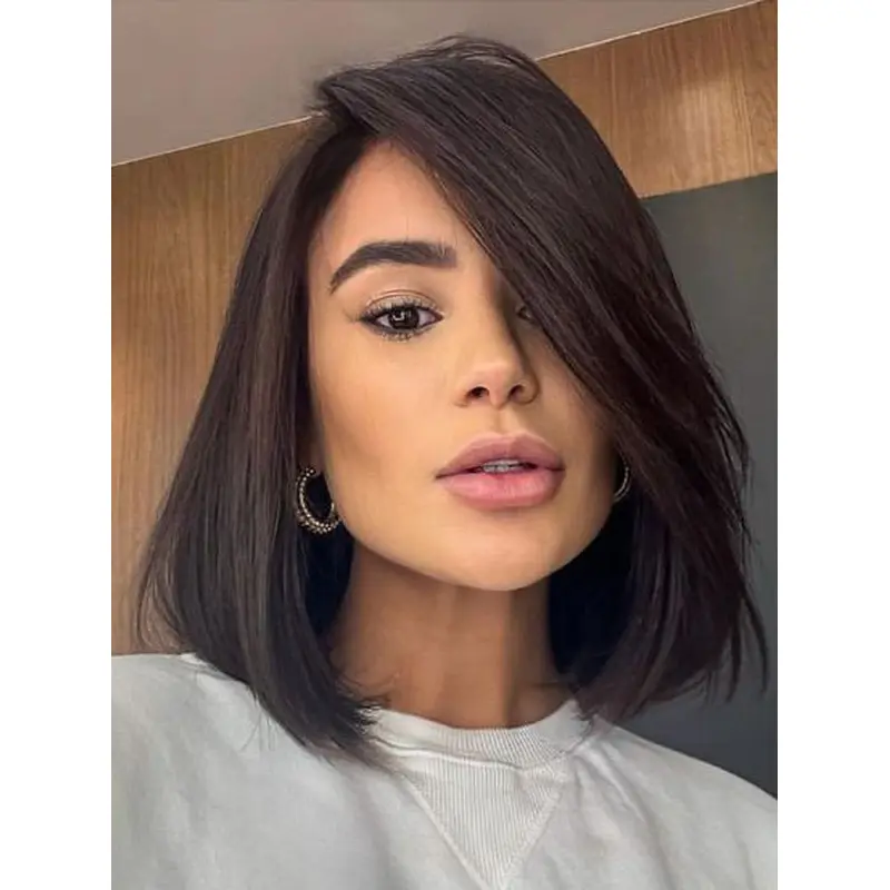 Black Medium Length Wig 12" Synthetic Without Bangs Straight Lace Front Wigs
