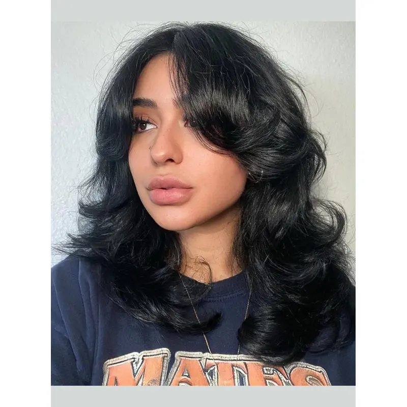 Black Medium Length Wig 14" Synthetic Layered Wavy Lace Front Wigs