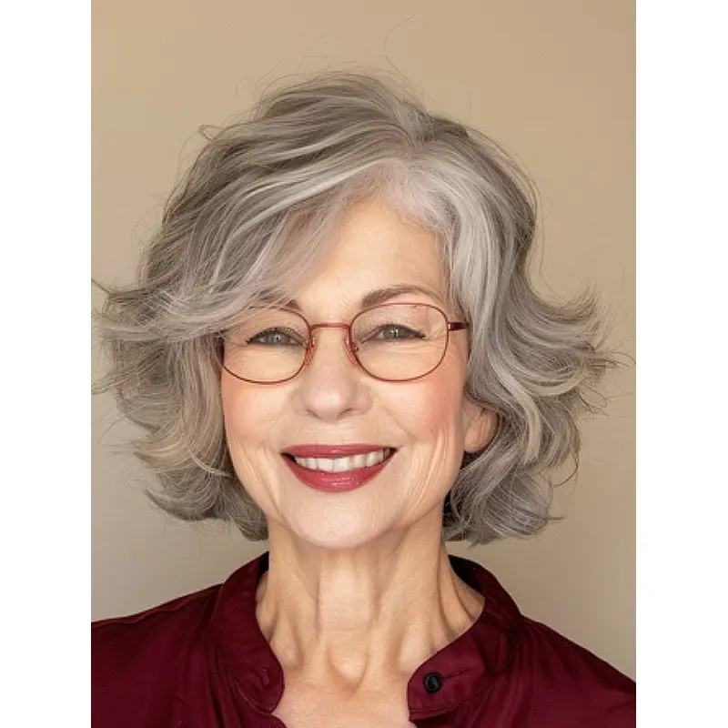 Grey Wigs Human Hair Chin Length Monofilament Wavy 10" Layered Wigs