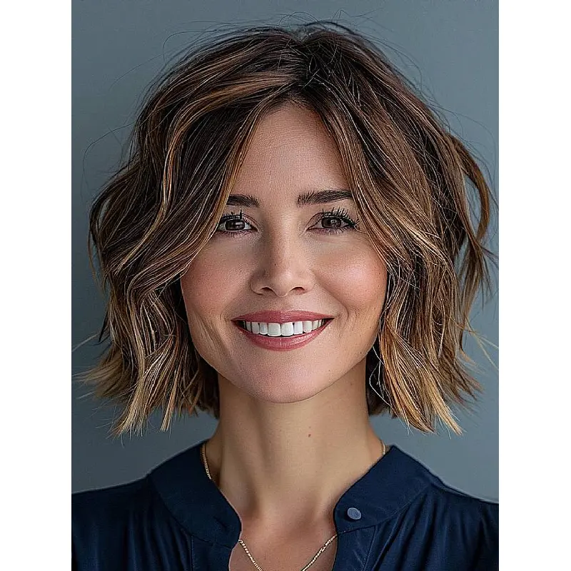 Monofilament Real Hair Wigs 10" Wavy Ombre/2 Tone Without Bangs Chin Length Wigs