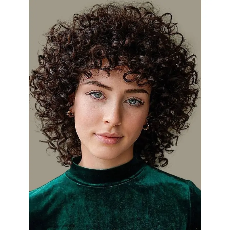 Monofilament Real Hair Wigs 12" Curly Brown With Bangs Shoulder Length Wigs
