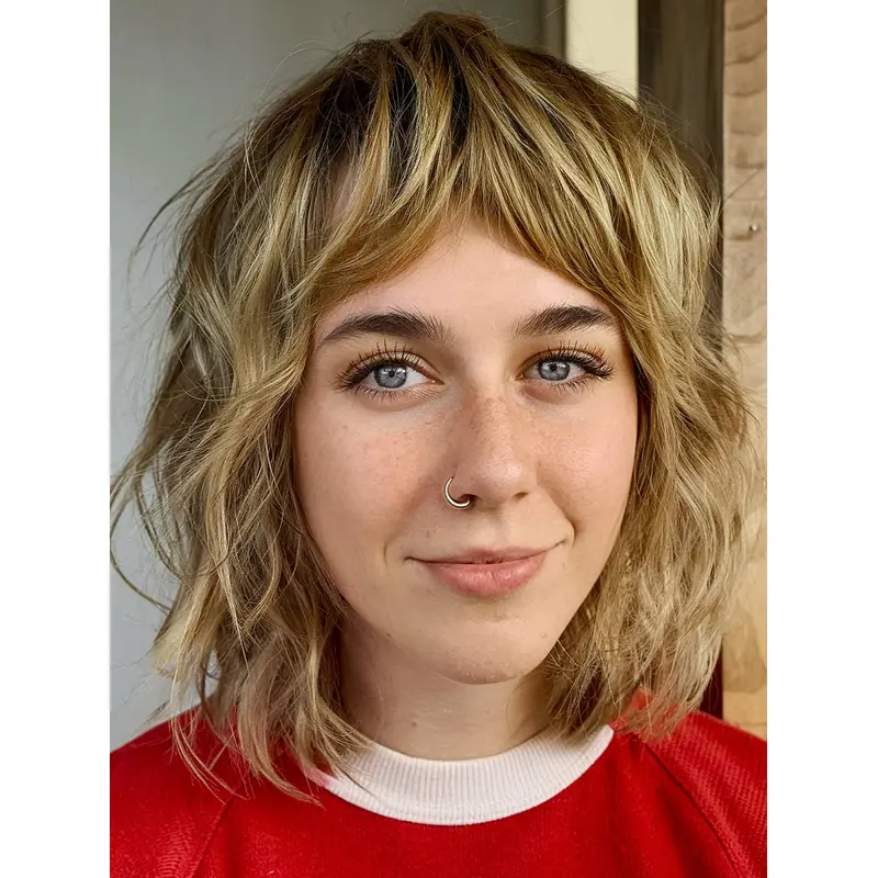 Wavy Mono Wig Blonde Shoulder Length 12" With Bangs Synthetic Wigs