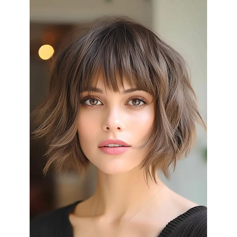 Lace Front Wig True 10" Straight With Bangs Chin Length Brown Wigs
