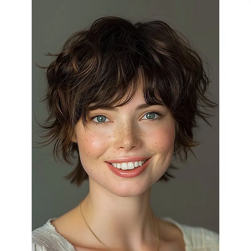 Monofilament Real Hair Wigs 10" Wavy Brown With Bangs Chin Length Wigs