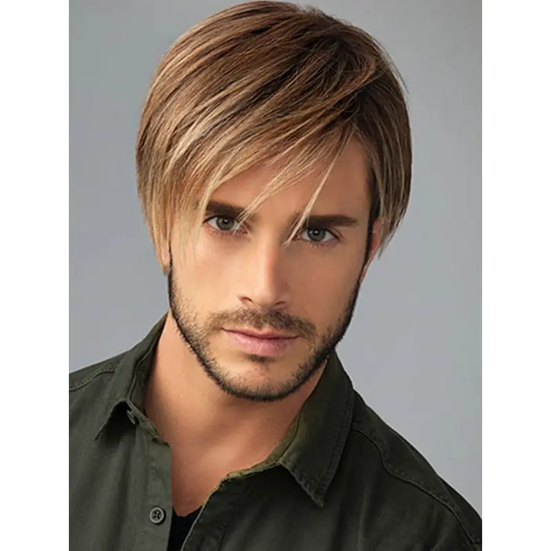 8" Straight Brown With Bangs Men Wigs