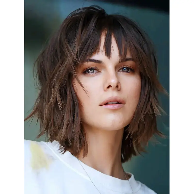 Synthetic Lace Front Wigs With Bangs Brown 10" Chin Length Straight Wigs