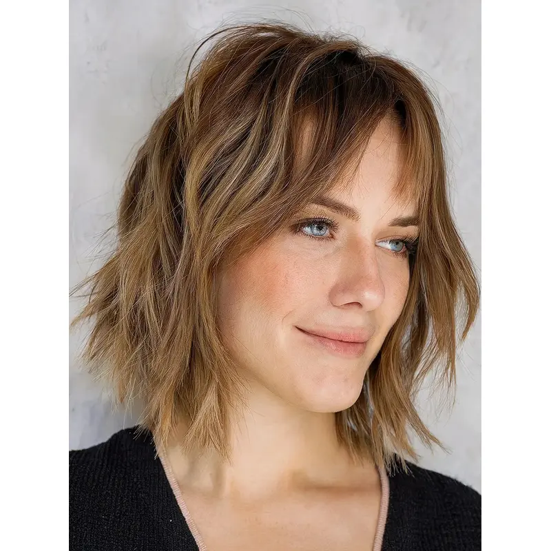 Medium Blonde Wig 10" Chin Length Remy Human Hair Layered Straight Wigs
