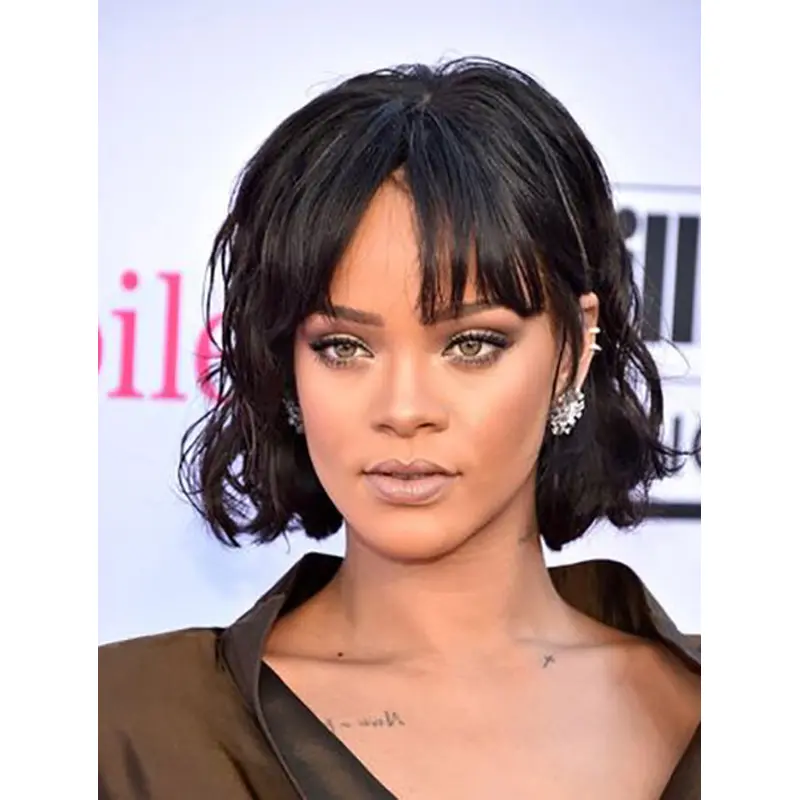 Black 10" Wavy Bobs Chin Length Rihanna Wigs