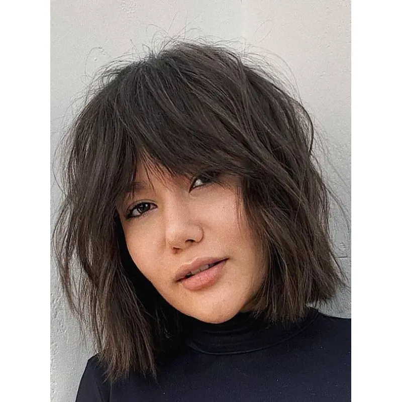 Black Medium Length Wig 10" Synthetic With Bangs Straight Lace Front Wigs