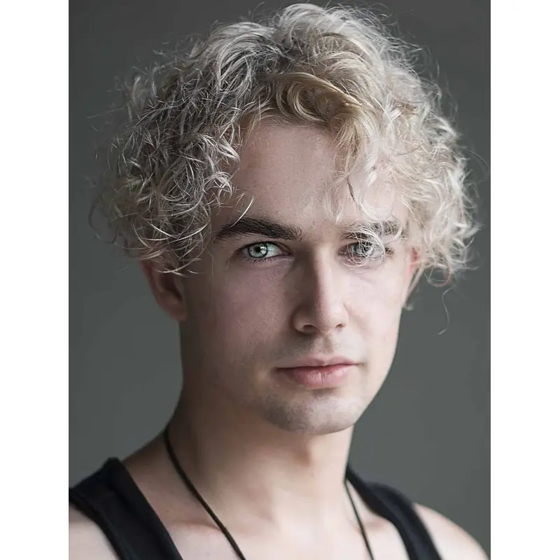 Blonde Synthetic Monofilament Curly Short Middle Part With Perm Men Wigs