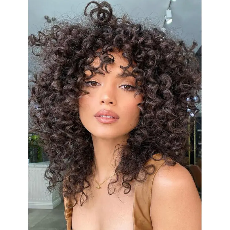 Brown Curly Wig Shoulder Length With Bangs Barely-There Bangs Wigs