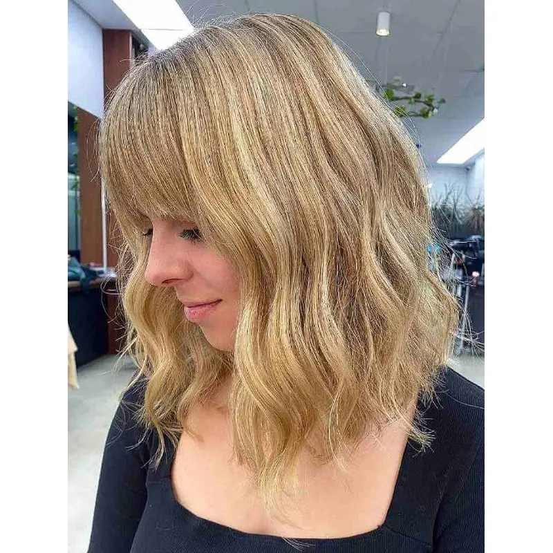 Blonde Wig 14" Wavy Lace Front Blonde Synthetic With Bangs Buttery Lob Wigs