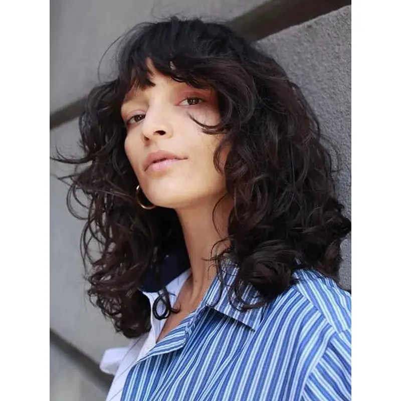 Curly Wig Lace Front Curly Synthetic With Bangs Brown Midlength Shag Wigs