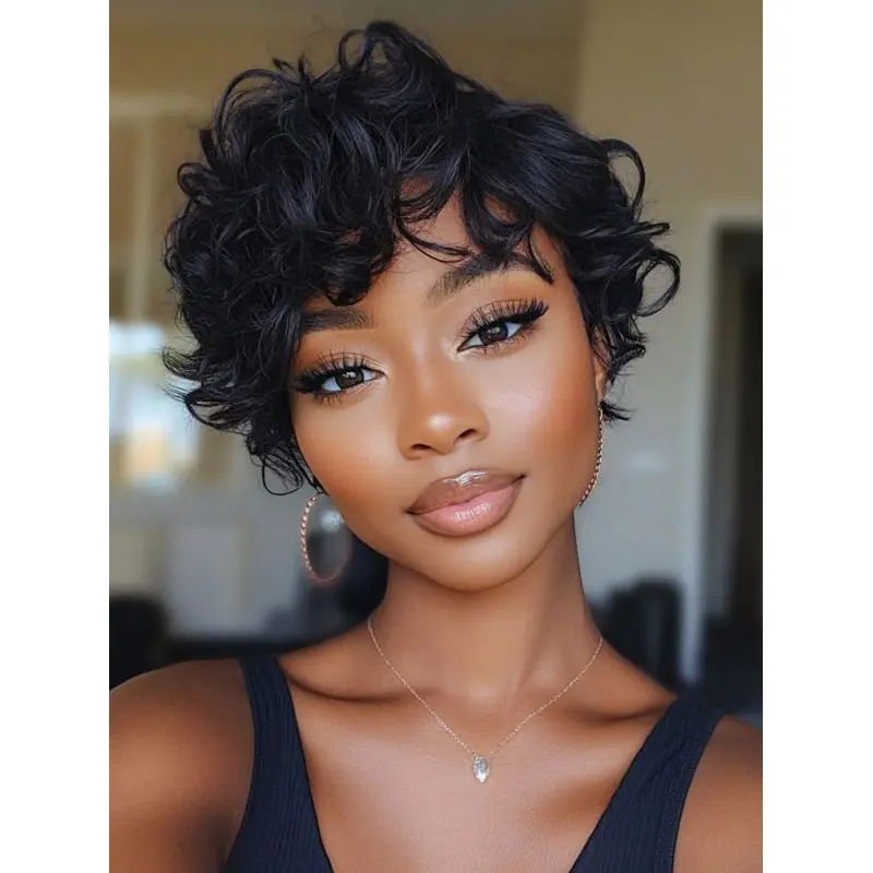 Short Black Wigs For African American Human Hair Curly With Bangs Wigs