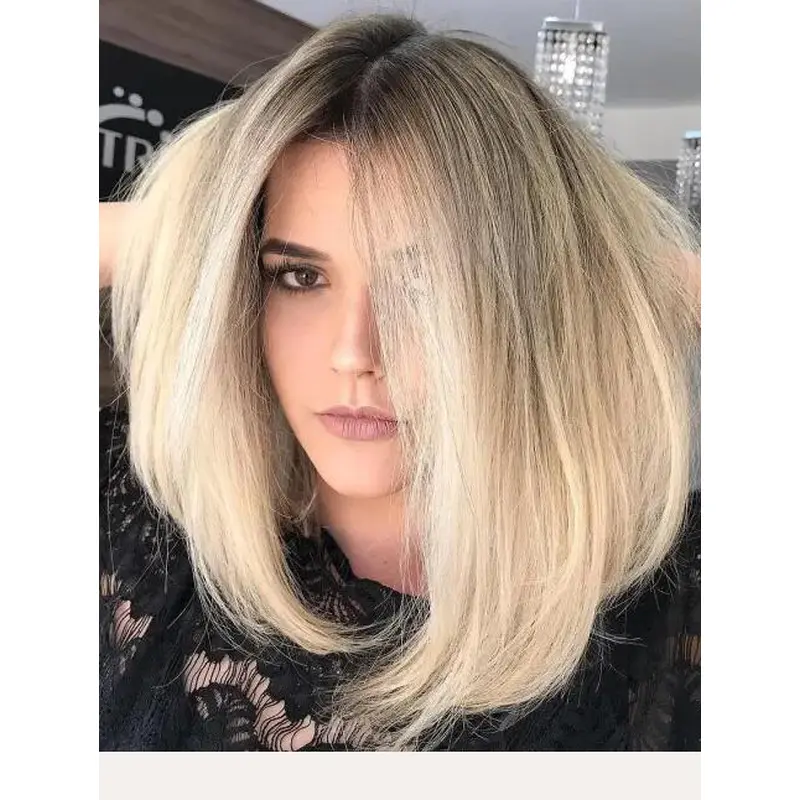 Blonde Hair Wigs Synthetic Lace Front Straight 14" Thick Bob Wigs