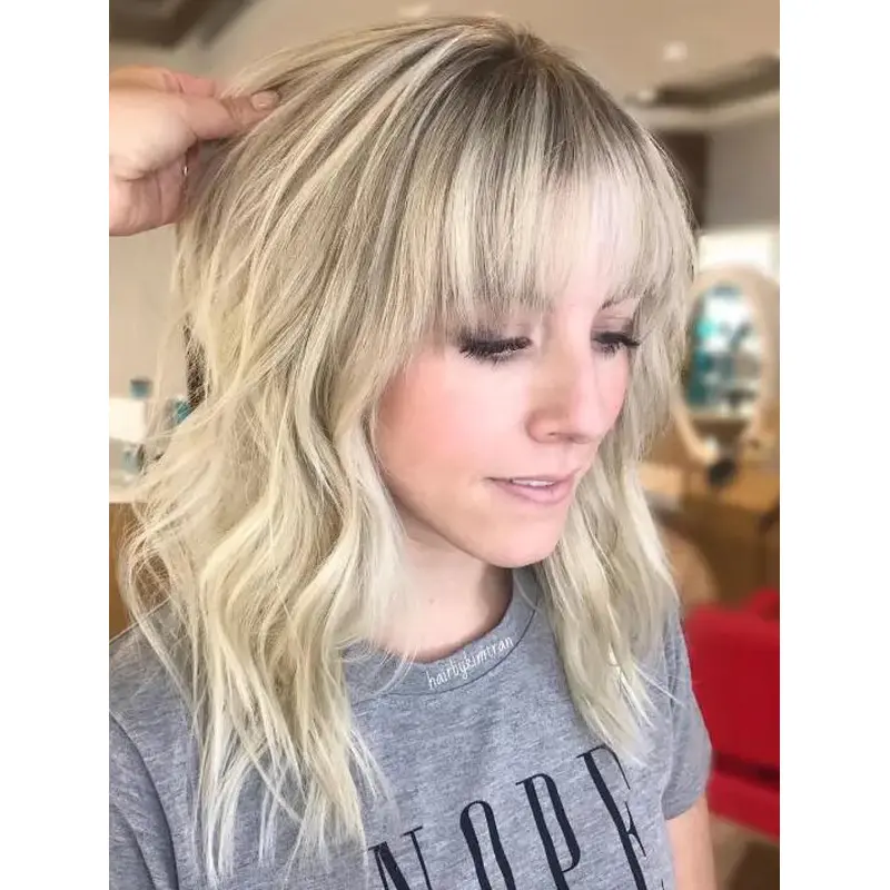 Long Wavy Wigs Synthetic Lace Front Wavy 14" Blonde Choppy Bangs Wigs