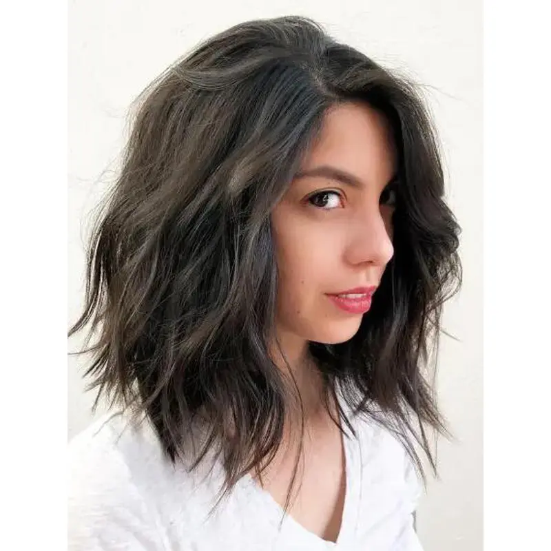 Natural Black Hair Synthetic Lace Front Shoulder Length Choppy Wavy Wigs