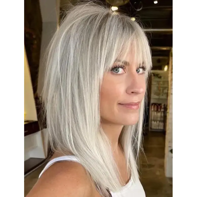 White Wigs Synthetic Lace Front Straight Shoulder Length Popular Wispy Bangs Wigs