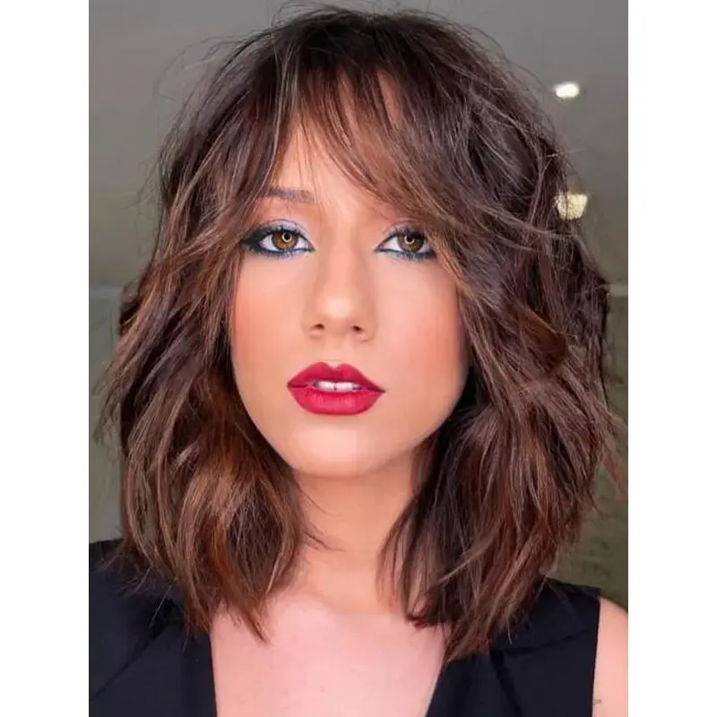 Wigs With Bangs Shoulder Length Lace Front Synthetic Wavy Brown Messy Wispy Wigs