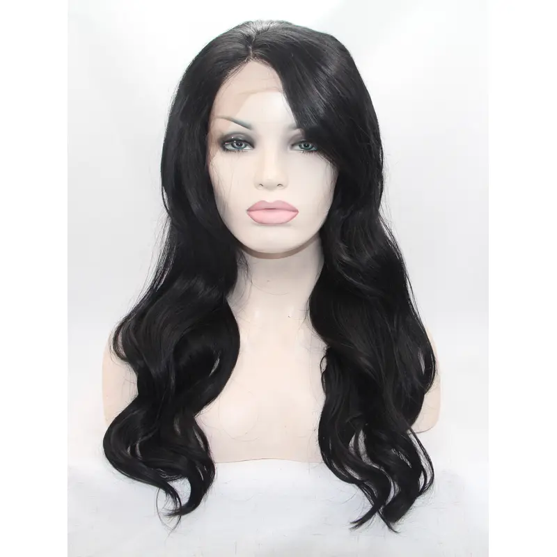 18" Wavy Black With Bangs Synthetic Lace Front Long Wigs
