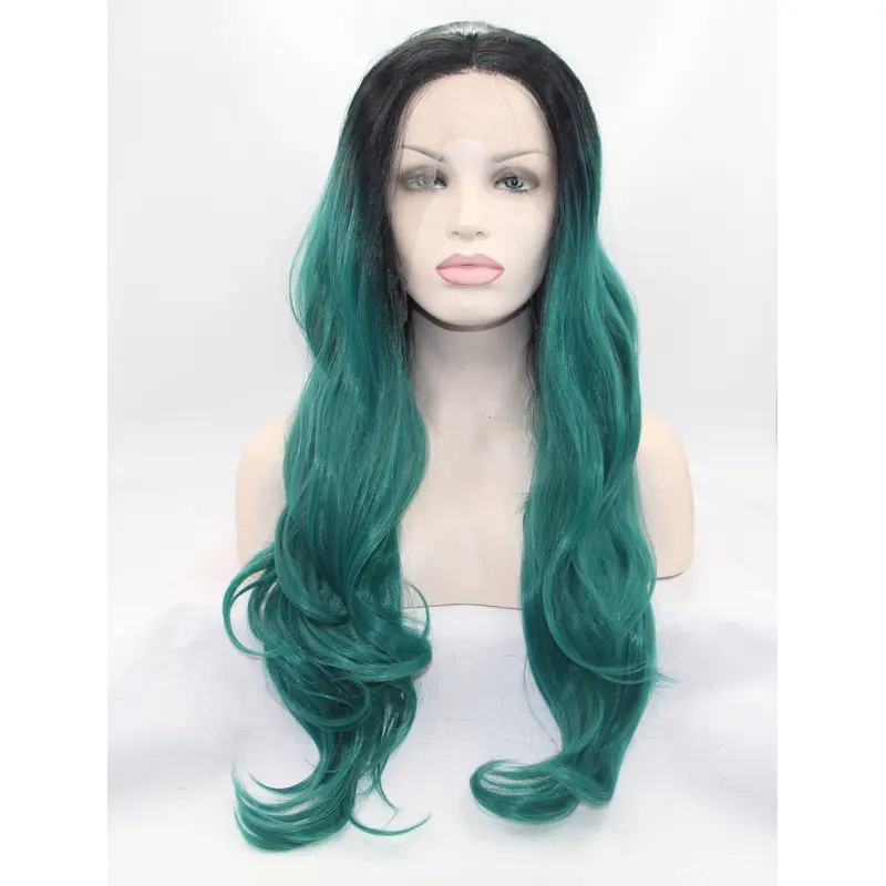 28" Wavy Green Layered Synthetic Lace Front Long Wigs
