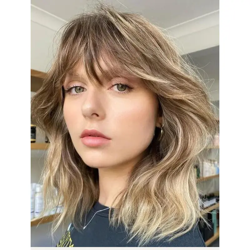 Blonde Curly Wigs Shoulder Length Lace Front Synthetic Layered Feathered Bangs Wigs