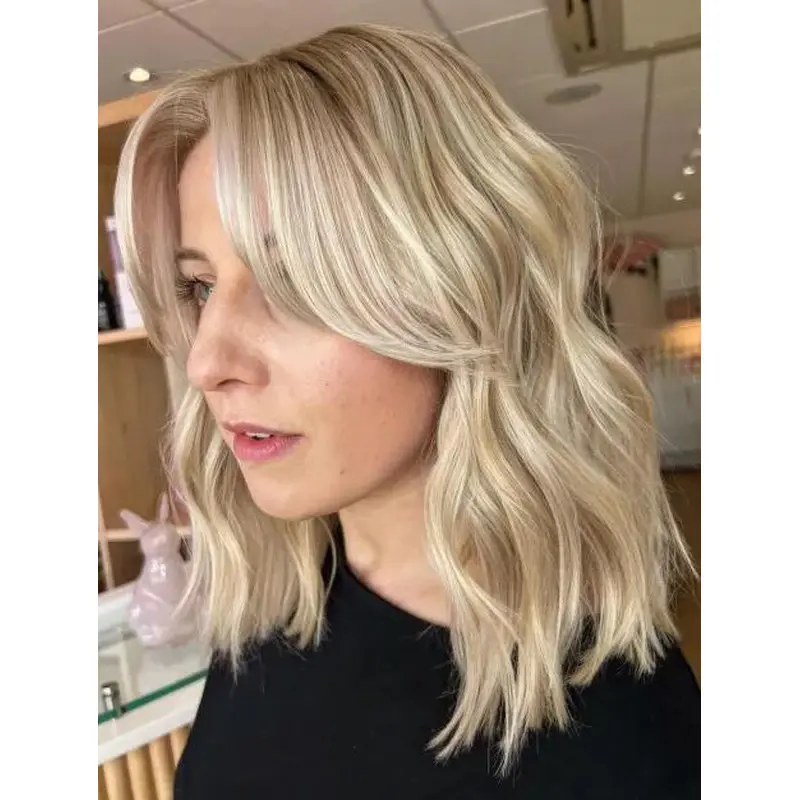 Blonde Wavy Mid Length Wigs Lace Front Synthetic Layered Swoopy Bangs Wigs