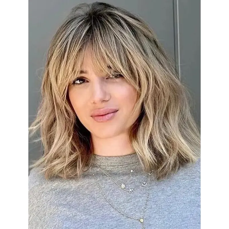 Blonde Wavy Wigs Lace Front Synthetic Curtain Bangs Wigs