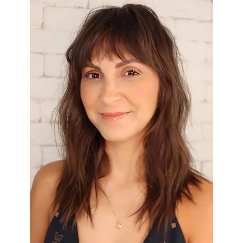 Fringe Wigs Lace Front Shoulder Length Brown Wavy Soft Youthful Bangs Wigs