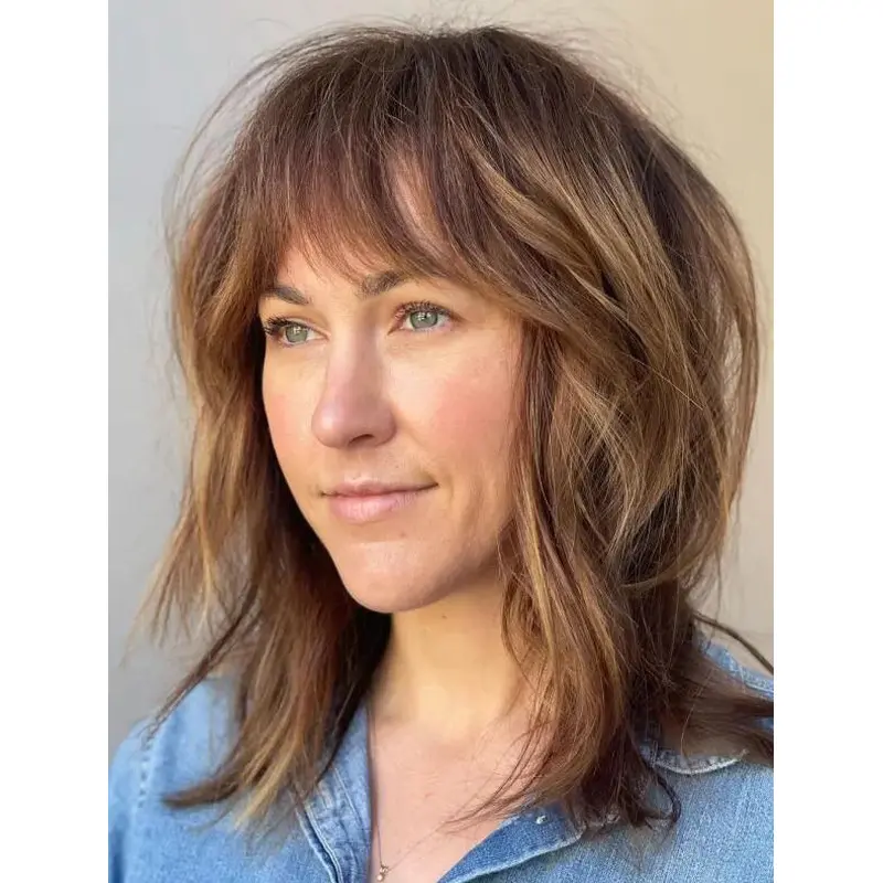 Lace Front Wig With Bangs 14" Synthetic Wavy Brown Highlights Wigs