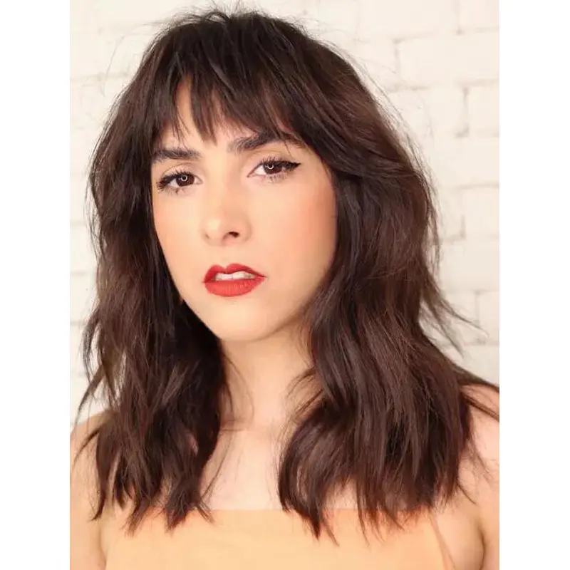 Lace Wig With Fringe Brown Shoulder Length Wavy Synthetic Choppy Bangs Wigs