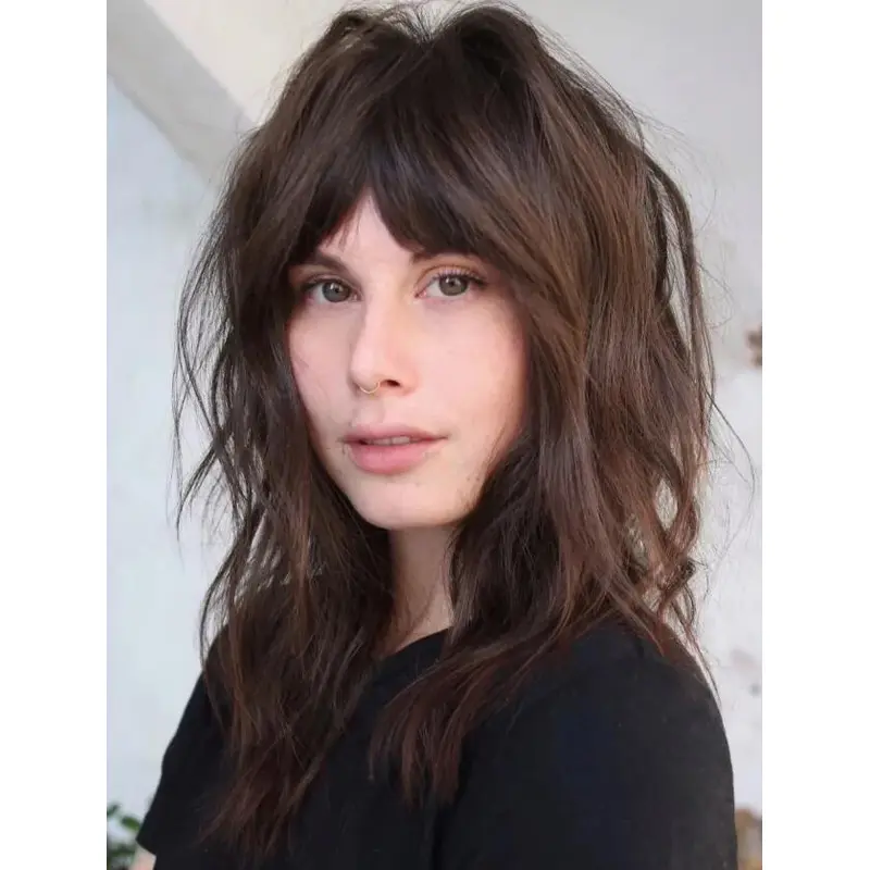 Layered Hair Wigs Lace Front Synthetic Wavy Brown Trendy Bangs Wigs