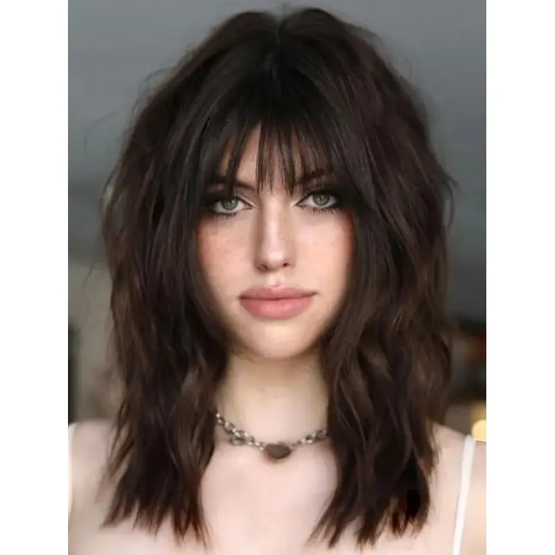 Layered Hair Wigs Shoulder Length Lace Front Synthetic Wavy Brown Piece-y Bangs Wigs