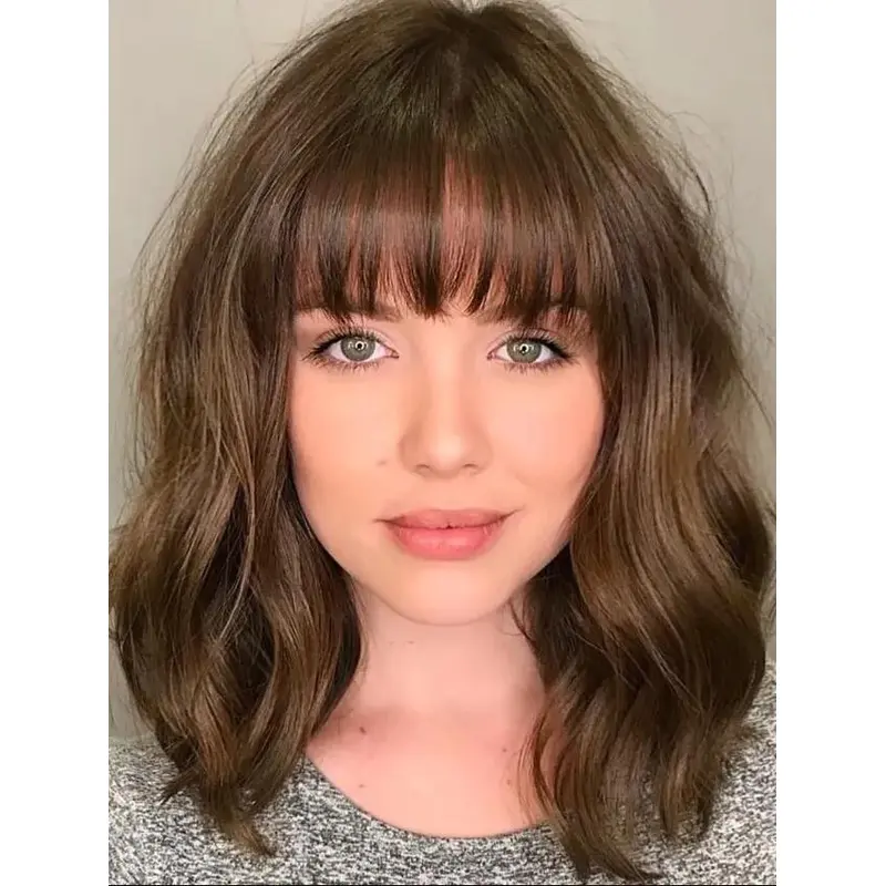 Wig With Bangs Shoulder Length Lace Front Synthetic Wavy Brown Brown Wigs