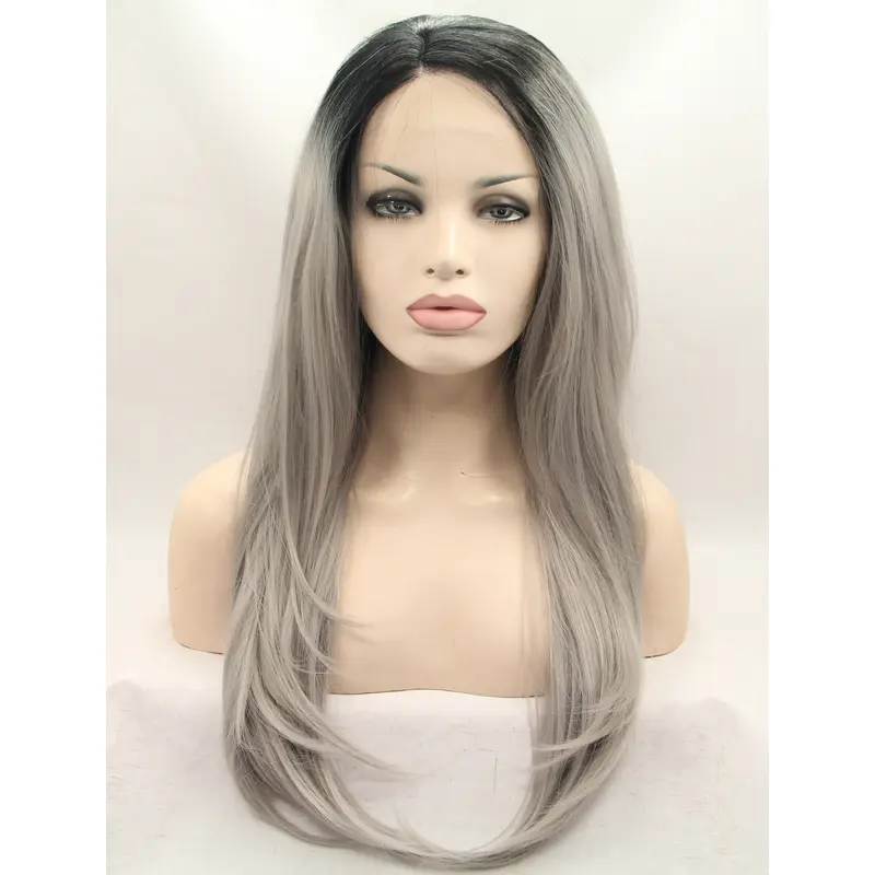 19" Straight Grey Layered Synthetic Lace Front Long Wigs