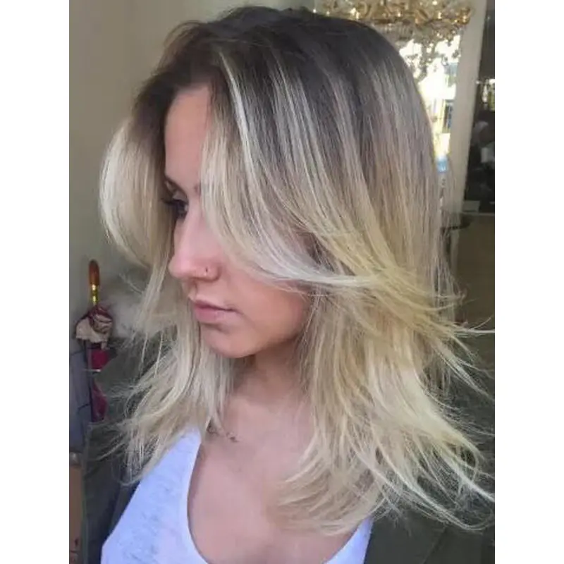 Best Lace Wigs Blonde Synthetic Lace Front Wavy Shoulder Length Flipped Up Ends Wigs