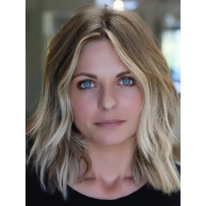 Front Lace Wigs Blonde Without Bangs Synthetic Wavy Shoulder Length Balayage Wigs