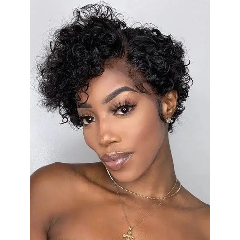 Short Pixie Cut Wigs For African American Human Hair Black Curly 6" Wigs