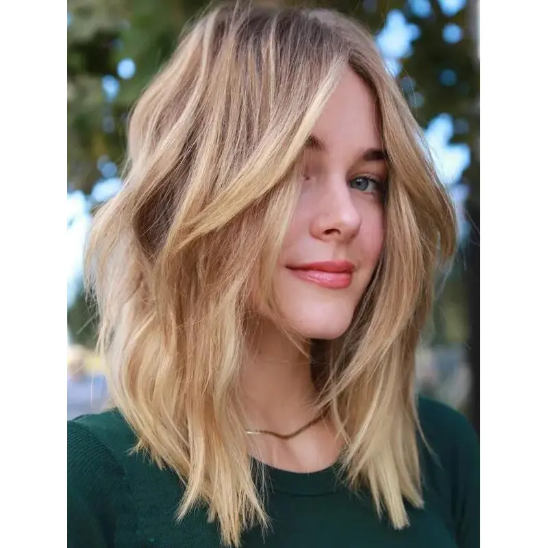 Blonde Lace Front Wig Synthetic Wavy Shoulder Length Choppy Lob Wigs